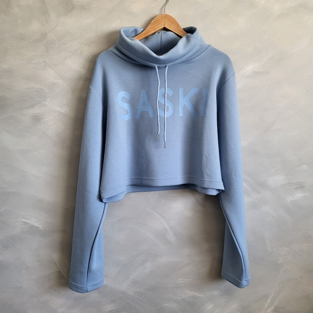 Saski Collection Cropped High Neck Roll Drawstring Sweatshirt Light Blue XL